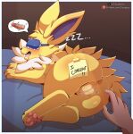 absurd_res anus bed blindfold blush butt cloudeon duo eeveelution eyemask eyewear female female_feral feral fur furniture generation_1_pokemon genitals heart_symbol hi_res human humanoid_genitalia humanoid_hands humanoid_penis interspecies jolteon male male/female male_human mammal mask nintendo on_bed paws penis pokemon pokemon_(species) pokephilia post-it_note sleep_mask sleeping submissive submissive_female submissive_feral vulva written_consent yellow_body yellow_fur