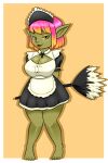 absurd_res big_breasts blackbetty breasts butt clothed clothing female goblin green_body green_skin hair hi_res humanoid looking_at_viewer maid_uniform not_furry pointy_ears short_stack simple_background smile solo thick_thighs uniform