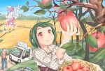  1girl apple bad_id bad_pixiv_id farm food fruit green_hair ground_vehicle hairband harvesting holding holding_food holding_fruit idolmaster idolmaster_(classic) mole mole_under_mouth motor_vehicle old_man otonashi_kotori patricia_(shooooter5) perspective red_eyes short_hair solo_focus tree truck 