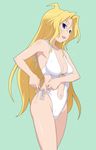  ahoge blonde_hair blue_eyes breasts casual_one-piece_swimsuit cleavage long_hair maruto! medium_breasts navel one-piece_swimsuit ryuumonbuchi_touka saki solo swimsuit 