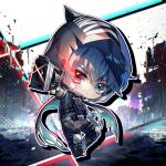  1boy aiming bandaged_arm bandages black_jacket blue_hair chaos_zero_nightmare chibi flaming_eye gun heterochromia highres holding holding_gun holding_weapon hood hooded_jacket jacket knee_pads looking_at_viewer luke_(chaos_zero_nightmare) male_focus solo weapon 