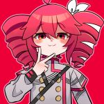 :3 absurdres buttons charuu closed_mouth double-breasted drill_hair grey_jacket hair_ribbon hand_up highres jacket kasane_teto kasane_teto_(sv) long_sleeves looking_at_viewer outline red_background red_eyes red_hair ribbon shoulder_belt straight-on synthesizer_v twin_drills upper_body utau v 