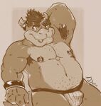 accesory anthro armpit_hair belly big_arms body_hair bowser bracelet_only bulge clothed clothing eyebrows facial_hair glistening glistening_body hair head_tuft hi_res horn jockstrap jockstrap_only looking_up male mario_bros monochrome moobs muscular muscular_arms nintendo nipple_piercing nipple_ring nipples overweight overweight_male pecs piercing proud reptile ring_piercing scalie signature simple_background smile snaggle_tooth solo spooky_dune thick_eyebrows thick_thighs topless tuft turtle underwear underwear_only