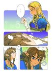  ... 1boy 1girl ? blonde_hair blue_eyes blue_shirt blue_tunic border breasts bridal_gauntlets brown_hair earrings gold_trim green_eyes hair_between_eyes hand_in_another&#039;s_hair hand_on_another&#039;s_head hetero highres jewelry juliet_sleeves link long_hair long_sleeves looking_at_another low_ponytail medium_breasts parted_bangs pointy_ears ponytail puffy_sleeves shirt shuo_yue sidelocks spoken_ellipsis spoken_question_mark the_legend_of_zelda the_legend_of_zelda:_breath_of_the_wild tunic twitter_username white_border white_sleeves 