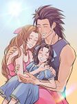  1boy 2girls aerith_gainsborough alternate_costume bare_arms bare_shoulders black_hair blue_bow blue_bowtie blue_dress blue_ribbon bow bowtie brown_hair casual closed_eyes couple crisis_core:_final_fantasy_vii cross_scar dress drill_hair drill_sidelocks earrings family father_and_daughter feet_out_of_frame final_fantasy final_fantasy_vii frilled_dress frills gradient_background hair_ribbon hand_on_another&#039;s_shoulder happy hetero highres hug if_they_mated jewelry long_hair mother_and_daughter multiple_girls parted_bangs parted_lips pink_dress pink_ribbon puffy_short_sleeves puffy_sleeves ribbon scar scar_on_cheek scar_on_face shirt short_sleeves sidelocks sleeveless sleeveless_shirt smile spiked_hair stud_earrings sylvthea upper_body white_shirt zack_fair 