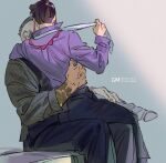  2boys arm_tattoo black_hair black_pants clothes_grab collared_shirt commentary_request corbeau_(pokemon) fingernails hand_on_another&#039;s_waist highres male_focus mohawk multiple_boys necktie necktie_grab neckwear_grab pants philippe_(pokemon) pokemon pokemon_legends:_z-a purple_hair purple_shirt shirt short_hair sitting sitting_on_lap sitting_on_person sleeve_cuffs tattoo white_necktie yaoi yotsuban 