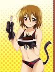  bikini black_bikini bow brown_eyes brown_hair cake cat_tail food food_on_face fork fruit gloves k-on! kaiga paws smile solo strawberry swimsuit tail tainaka_ritsu 