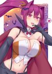  1girl bat_(animal) bat_hair_ornament blush breasts cape cleavage elbow_gloves facial_tattoo fangs gloves groin hair_ornament heart heart_tattoo highres large_breasts long_hair looking_at_viewer midriff navel open_fly ponytail purple_eyes purple_hair solo soukitsu spoken_heart tattoo unbuttoned under_night_in-birth vampire_costume very_long_hair yuzuriha_(under_night_in-birth) 