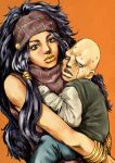  1boy 1girl absurdres aged_down araki_hirohiko_(style) bald bandaged_hand bandages black_hair blank_eyes blue_pants bracelet brown_eyes brown_headband brown_shirt carrying carrying_person child commentary_request enya_geil facial_mark gold_bracelet green_shirt hair_tubes headband highres j._geil jewelry jojo_no_kimyou_na_bouken kaib0y lips liver_spots long_hair long_sleeves looking_at_viewer low-tied_sidelocks missing_tooth mother_and_son no_eyebrows no_pupils open_mouth orange_background orange_lips pants shirt sidelocks sleeveless sleeveless_shirt stardust_crusaders striped_clothes vertical-striped_clothes white_sleeves 