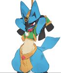 2025 ambiguous_gender anthro ball_gag blue_body blue_fur blush blush_lines bound chest_spike clothed clothing crop_top digital_media_(artwork) fur gag generation_4_pokemon hands_behind_head holowear_(pokemon) lucario nintendo partially_clothed pokemon pokemon_(species) pokemon_unite raised_arms ramssa red_eyes ruins_style_lucario shirt simple_background skimpy small_waist solo spikes spikes_(anatomy) standing tail topwear white_background wide_hips