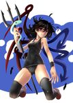  asymmetrical_wings black_hair black_legwear blue_wings feathers full_body houjuu_nue katahira_masashi kneeling messy_hair nail_polish one-piece_swimsuit pink_nails polearm red_eyes red_wings school_swimsuit shiny short_hair smile snake solo swimsuit thighhighs touhou trident weapon wings wristband 