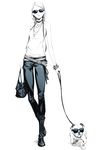  animal bag belt boots bracelet bulldog clothed_animal cross denim dog full_body greyscale handbag jeans jewelry leash md5_mismatch monochrome necklace original pants scarf solo sousou_(sousouworks) sunglasses tank_top walking 