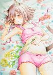  1girl animal_ear_fluff animal_ears armpits arukapismillust blue_flower blush bow_shorts cat_ears cat_girl cat_tail closed_eyes clothes_lift commentary_request cowboy_shot flower frilled_shirt frills grey_hair hand_up lying marker_(medium) navel on_back orange_flower original pajamas parted_lips pink_shirt pink_shorts shirt shirt_lift short_shorts shorts sleeveless sleeveless_shirt solo stomach tail too_many_flowers traditional_media watermark yellow_flower 