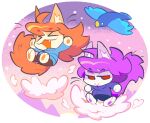 2025 ache13337003 anthro avian bird blue_body blue_clothing blue_shirt blue_topwear celeste_(game) clothing cloud domestic_cat duo felid feline felis female hair hi_res madeline_(celeste) mammal orange_hair purple_hair red_eyes shirt topwear