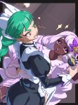  2girls absurdres apron ascot black_romper bow bowtie braid braided_ponytail brown_eyes dark-skinned_female dark_skin dress fascinator frilled_ascot frills glove_bow gloves green_hair hair_ornament highres jacinthe_(pokemon) juliet_sleeves lebanne_(pokemon) long_braid long_hair long_sleeves low_drills luxury_ball maid maid_apron maid_headdress master_and_servant mega_stone multiple_girls open_mouth poke_ball pokemon pokemon_legends:_z-a puffy_sleeves purple_dress purple_eyes purple_hair romper smile star_(symbol) teeth very_dark_skin white_bow white_bowtie white_gloves yanagino_(yanagino3) 