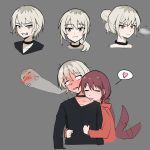  2girls 401gone alternate_hairstyle black_choker black_sweater blush choker commentary_request girls_band_cry giving_up_the_ghost grey_background grey_eyes grey_hair grin hair_bun heart highres hood hoodie iseri_nina kawaragi_momoka licking licking_another&#039;s_neck multicolored_hair multiple_girls red_hair red_hoodie roots_(hair) short_twintails simple_background smile spoken_heart sweater tongue tongue_out twintails yuri 