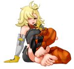  1girl bamivoxy barefoot black_nails blonde_hair feet foot_focus gloves highres piper_wheel shorts sleepy solo toe_scrunch toes yawning zenless_zone_zero 