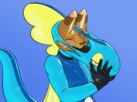 2023 4:3 anthro blue_body blush clothing digital_drawing_(artwork) digital_media_(artwork) forced forced_transformation gag gag_mask gagged generation_8_pokemon hand_on_face hi_res inteleon kangaroo latex latex_clothing latex_skinsuit living_latex macropod mammal marsupial mask mask_pull nintendo plushie pokemon pokemon_(species) reeseikena_(artist) reeseikena_(character) reptile scalie simple_background skinsuit solo species_transformation struggling tail tight_clothing transformation wallaby watermark