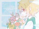  1boy 5oh_h alternate_eye_color basil_(faraway)_(omori) basil_(omori) black_eyes blonde_hair blush bouquet cactus closed_mouth collared_shirt english_text flower from_side gladiolus green_sweater_vest highres holding holding_bouquet lily_of_the_valley male_focus omori red_flower red_rose rose shirt short_hair short_sleeves sidelocks smile solo sunflower sweater_vest tulip upper_body white_flower white_shirt white_tulip 