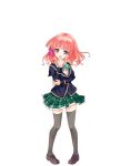  1girl black_socks black_thighhighs bow bowtie breast_rest breasts brown_shoes full_body girlfriend_(kari) green_bow green_bowtie green_skirt hair_bow hair_ornament jacket large_breasts loafers looking_at_viewer miniskirt nitta_moeka official_art open_mouth pink_bow pink_hair pink_shirt plaid_clothes plaid_skirt pleated_skirt purple_eyes qp:flapper raised_inner_eyebrows school_uniform shirt shoes simple_background skirt smile socks solo thighhighs thighs transparent_background zettai_ryouiki 