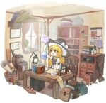  1girl apron black_hat blonde_hair book bow braid broom cage chair character_doll commentary_request deformed desk_lamp doll erlenmeyer_flask flask hair_bow hat hat_bow highres holding holding_flask indoors kirisame_marisa lamp long_hair molmaron mushroom open_mouth plant potted_plant procreate_(medium) puffy_short_sleeves puffy_sleeves shelf short_sleeves single_braid solo table test_tube test_tube_rack touhou white_apron white_bow window witch_hat wooden_floor yellow_eyes 