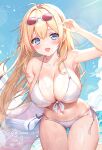  1girl :d absurdres ahoge arm_up armpits ass_visible_through_thighs bare_shoulders beach bikini blonde_hair blue_eyes blue_sky blush breasts cinu cleavage collarbone cowboy_shot day eyewear_on_head front-tie_bikini_top front-tie_top halterneck highres holding holding_swim_ring innertube large_breasts long_hair looking_at_viewer navel ocean open_mouth original outdoors red-tinted_eyewear revision side-tie_bikini_bottom sideboob sky smile solo stomach sun sunglasses swim_ring swimsuit thigh_gap thighs tinted_eyewear underboob wet white-framed_eyewear white_bikini 