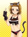  animal_ears bikini black_bikini bow brown_eyes brown_hair cake cat_ears cat_tail food fork front-tie_top fruit gloves grin k-on! kaiga paw_gloves paws smile solo strawberry swimsuit tail tainaka_ritsu 