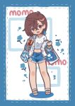  1girl animal ayase_momo bag black_choker blue_border blue_shorts blush border bracelet breasts brown_eyes brown_hair character_name choker crop_top crossed_bangs cup dandadan denim denim_shorts disposable_cup drinking_straw earrings frayed_shorts full_body grey_sandals hair_between_eyes highres holding holding_bag holding_cup jacket jacket_partially_removed jeon10457441 jewelry medium_breasts medium_hair midriff navel open_mouth print_shirt sandals shirt shopping_bag short_shorts shorts smile solo sparkle t-shirt torn_clothes torn_shorts v-neck white_background 