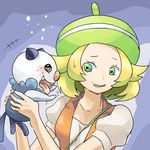  bel_(pokemon) blonde_hair blush brown_eyes gen_5_pokemon green_eyes happy iyoda_mato oshawott pokemon pokemon_(creature) tongue 