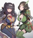 2girls absurdres arm_blade between_breasts black_gloves bodystocking breasts brown_hair checkered_print cleavage commentary feather_hair_ornament feathers fingerless_gloves fire_emblem fire_emblem_awakening fire_emblem_heroes fishnet_bodystocking fishnets gloves gonzarez hair_ornament hand_on_own_chest headband highres large_breasts long_hair looking_at_viewer mother_and_daughter multiple_girls naughty_face ninja noire_(fire_emblem) noire_(ninja)_(fire_emblem) official_alternate_costume open_mouth paintbrush purple_eyes revision scarf scroll short_hair simple_background smile tharja_(fire_emblem) tharja_(ninja)_(fire_emblem) tongue tongue_out two_side_up vambraces weapon white_background 