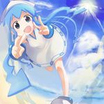  :d bad_id bad_pixiv_id beach bent_over blue_eyes blue_hair blush bracelet child cloud cmk_(lovepa) day directional_arrow dress flat_chest from_below hat ikamusume jewelry leg_up light_rays long_hair looking_down open_mouth outdoors quad_tails running shinryaku!_ikamusume shoes sky smile solo splashing sun sunbeam sunlight tentacle_hair tentacles v very_long_hair water 