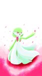  1girl absurdres arm_at_side arm_up bob_cut colored_skin commentary_request flat_chest flower full_body gardevoir green_hair green_skin hair_between_eyes happy highres holding holding_flower multicolored_skin open_mouth petals pink_eyes pink_flower pokemon pokemon_(creature) short_hair smile solo standing su_m two-tone_skin white_background white_skin 
