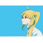  1girl ahoge amnsyr blonde_hair blue_background bocchi_the_rock! closed_mouth commentary_request from_side highres ijichi_nijika letterboxed long_hair red_eyes shirt side_ponytail simple_background solo upper_body white_shirt 