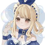  1girl absurdres bare_shoulders beret blonde_hair blue_background blue_bow blue_bowtie blue_choker blue_dress blue_sleeves blue_wrist_cuffs bow bow_choker bowtie breasts brooch brown_eyes bubble bubbly_voyage_(infinity_nikki) chinese_commentary choker cleavage closed_mouth collared_dress commentary_request detached_sleeves dress eyelashes feng0295 frilled_choker frilled_sleeves frilled_wrist_cuffs frills hair_ornament hair_rings hairclip hand_up happy hat hat_bow hat_ornament highres infinity_nikki jewelry light_blush looking_at_object nikki_(series) rabbit_hair_ornament short_hair_with_long_locks short_sleeves sidelocks smile solo star_(symbol) star_choker star_hat_ornament strapless strapless_dress two-tone_background upper_body wavy_hair white_background white_hat wrist_cuffs 
