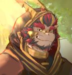  1boy chinese_commentary closed_mouth commentary_request dragon_boy dragon_horns fang fang_out furry furry_male highres hood hood_up horns looking_at_viewer male_focus multicolored_hair smile tarjumdad_(threefold_recital) threefold_recital tiger_jiebao upper_body whiskers 