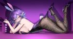  1girl absurdres anal_beads animal_ears black_pantyhose black_shoes blue_hair breasts commentary cottontail_(vtuber) fake_animal_ears fake_tail gradient_background highres holding holding_sex_toy hooked_on_heel indie_virtual_youtuber lace_pantyhose lace_pantyhose_hooked_on_heel_(meme) large_breasts leotard looking_at_viewer lying meme multicolored_hair narika_(narikakkkk) on_stomach open_mouth pantyhose playboy_bunny pointy_ears purple_background purple_eyes purple_hair purple_leotard rabbit_ears rabbit_tail sex_toy shoes short_hair solo tail two-tone_hair virtual_youtuber 