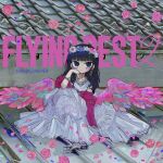  1girl album_cover black_eyes black_hair blunt_bangs bracelet character_name cover dress flower flower_wreath hand_up head_wreath highres indie_utaite jewelry long_dress long_hair looking_at_viewer multiple_rings nanawo_akari petals pink_flower pink_rose pink_wings ring rose sitting solo terada_tera white_dress wings 