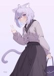 1girl absurdres ahoge alternate_costume animal_ear_fluff animal_ears arm_up bag black_hoodie black_skirt brown_jacket buttons cat_button cat_ears cat_girl cat_tail closed_mouth collarbone commentary crossed_bangs diamond_button drawstring english_commentary from_below hair_between_eyes handbag highres holding holding_bag hololive hood hoodie jacket jacket_over_hoodie light_blush light_smile long_skirt long_sleeves looking_at_viewer medium_hair nekomata_okayu nofall puffy_long_sleeves puffy_sleeves purple_background purple_bag purple_eyes purple_hair signature simple_background skirt sleeves_past_wrists solo tail v virtual_youtuber zipper 