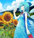  akasia blue_eyes blue_hair bow cirno dress flower food hair_bow popsicle short_hair solo sunflower touhou water watermelon_bar wings 