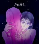  2girls absurdres alien_stage black_hair commentary english_commentary english_text highres hug long_hair milkbedtime mizi_(alien_stage) multiple_girls pink_hair purple_eyes short_hair star_(sky) star_(symbol) sua_(alien_stage) tears 