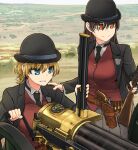  2girls belt black_hat black_jacket black_necktie blonde_hair blue_eyes bowler_hat breasts brown_belt brown_hair commentary_request cowboy_western crank crossdraw_holster finger_on_trigger gatling_gun grey_skirt grin gun hat highres holding holding_gun holding_weapon holster jacket long_hair long_sleeves multiple_girls necktie original outdoors pleated_skirt police_badge red_eyes red_vest revolver rifle_cartridge shirt short_hair skirt smile tokihama_jirou trapdoor_springfield vest weapon white_shirt 