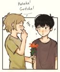 +++ 2boys ? ?? antenna_hair basil_(faraway)_(omori) basil_(omori) black_eyes black_hair black_shirt blonde_hair blush closed_eyes english_text flower green_shirt grin heterochromia holding holding_flower lily_(flower) looking_at_another male_focus multiple_boys omori open_mouth shirt short_hair short_sleeves sidelocks smile speech_bubble spoilers sunny_(omori) t-shirt teeth umilini2 white_eyes 