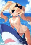  absurdres blonde_hair blue_eyes bow covered_nipples day hair_bow highres inflatable_shark inflatable_toy jiji long_hair looking_at_viewer ocean one-piece_swimsuit one_eye_closed open_mouth original outdoors school_swimsuit see-through shark solo swimsuit twintails white_school_swimsuit white_swimsuit 