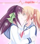  angel_beats! blonde_hair brown_eyes closed_eyes hair_ribbon hairband highres kiss long_hair multiple_girls okome_(minagisama) purple_hair ribbon school_uniform serafuku short_hair surprised twintails yuri yuri_(angel_beats!) yusa_(angel_beats!) 