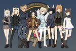  6+girls aleksandra_i_pokryshkin animal_ears bear_girl black_hair blonde_hair blue_eyes boots brave_witches brown_eyes brown_hair bunny_ears cat_ears cat_tail edytha_rossmann ermine_ears georgette_lemare gundula_rall hat headband kanno_naoe legs long_hair military military_uniform multiple_girls nikka_edvardine_katajainen panties pantyhose scarf shimada_fumikane shimohara_sadako short_hair striped striped_scarf tail underwear uniform waltrud_krupinski white_legwear world_witches_series 