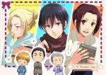  ! 3boys 3girls annie_leonhart armin_arlert black_hair blonde_hair blue_eyes blue_hoodie blue_shirt blue_sweater blush box brown_eyes brown_hair brown_pants chibi chibi_inset chocolate closed_eyes collared_shirt connie_springer eren_yeager food gift grey_eyes grey_sweater hair_between_eyes hair_bun hand_to_own_mouth happy_valentine heart hetero holding holding_box holding_chocolate holding_food holding_gift hood hoodie kogatta_em light_smile medium_hair mikasa_ackerman multiple_boys multiple_girls musical_note open_mouth pants parted_bangs ponytail red_scarf sasha_blouse scar scar_on_cheek scar_on_face scarf shingeki_no_kyojin shirt shirt_under_sweater short_hair smile spoken_exclamation_mark spoken_heart spoken_musical_note sweatdrop sweater twintails updo upper_body valentine white_shirt wide-eyed 