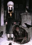  2boys absurdres adachi_tooru aji_(groongloon) bag bird black_bird black_serafuku black_shoes blood blood_from_forehead blood_on_face blood_on_ground blood_on_hands braid closed_mouth crossdressing crossdressing_(mtf) dark flyer full_body grey_hair highres holding holding_bag horror_(theme) implied_murder long_hair long_sleeves looking_at_viewer male_focus multiple_boys narukami_yu neckerchief night outdoors persona persona_4 railing red_eyes school_uniform serafuku shoes standing staring straight-on swept_bangs trash_bag trash_can twin_braids utility_pole yasogami_school_uniform yellow_eyes yellow_neckerchief 