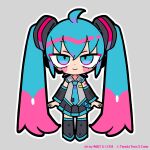  1girl ahoge artist_name black_boots black_skirt blue_eyes blue_hair blue_necktie boots chibi chibi_only closed_mouth detached_sleeves full_body grey_shirt hatsune_miku headset long_hair long_sleeves looking_at_viewer miniskirt multicolored_hair necktie outline pink_hair pleated_skirt shirt skirt sleeveless sleeveless_shirt smile solo standing straight-on taito terada_tera thick_outlines thigh_boots twintails two-tone_hair very_long_hair vocaloid white_outline 