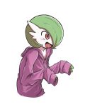  1girl blush bob_cut colored_skin commentary cropped_torso drawstring english_commentary gardevoir green_hair green_skin hair_over_one_eye hands_up happy highres hood hood_down hooded_sweater julian0223 light_blush multicolored_skin one_eye_covered open_mouth pokemon pokemon_(creature) purple_sweater red_eyes short_hair simple_background sleeves_past_wrists smile solo sweater two-tone_skin upper_body white_background white_skin 