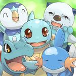  arms_up brown_eyes closed_eyes everyone fangs freckles gen_1_pokemon gen_2_pokemon gen_3_pokemon gen_4_pokemon gen_5_pokemon happy iyoda_mato mudkip no_humans oshawott piplup pokemon pokemon_(creature) squirtle totodile troll_face yellow_eyes 